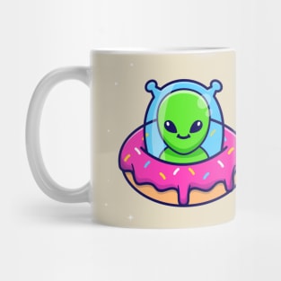 Cute Alien Riding Doughnut Ufo Cartoon Mug